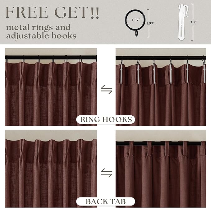 Linen Pinch Pleated Memory Trained Curtains Reddish Brown 96 Inches Long | Rust - Image 5