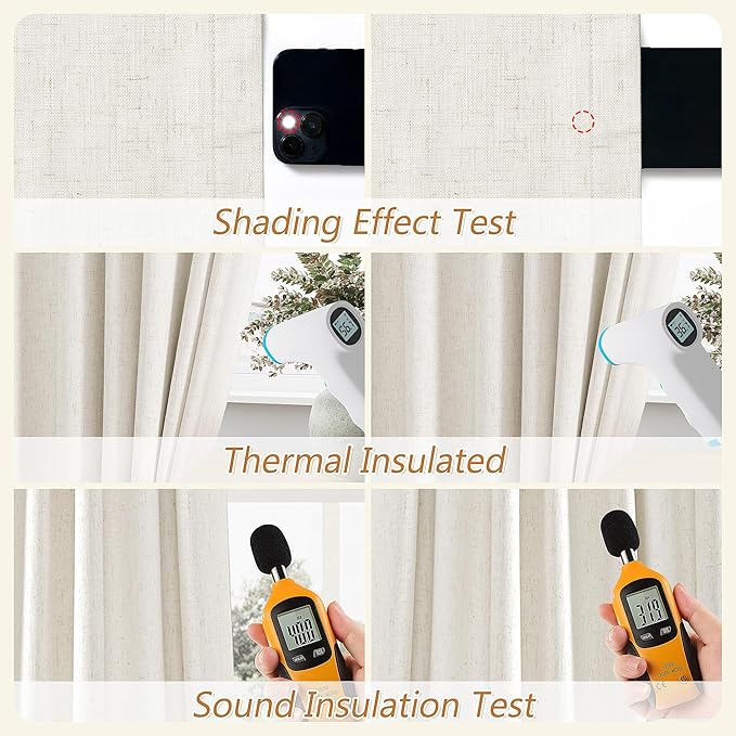 100% Blackout Linen Curtains for Bedroom 63 Inches Long Natural Cream Black Out - Image 4
