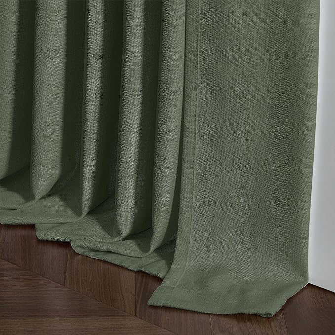 Farmhouse Linen Blend Pleated Olive Green Curtains 102 Inches Long 2 Panels | - Image 7