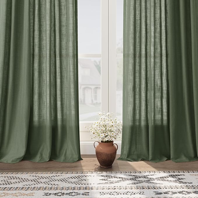 Olive Green Linen Curtains for Living Room 2 Panels Set 95 Inch Length Back Tab - Image 6