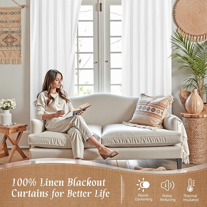 Extra Wide 100% White Blackout Linen Curtains 63 Inch - Image 2