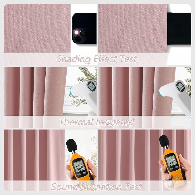 Pink 100% Blackout Linen Curtains 108 Inch 2 Panels Set - Image 5