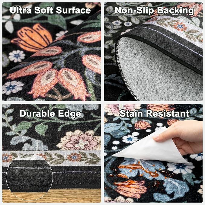 PLHXFR 2.6x10 Washable Runner Rug：Floral Indoor Kitchen Carpet Dark Black | - Image 7
