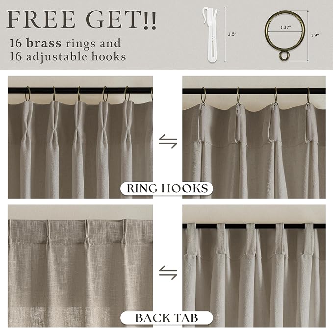 Pinch Pleated Taupe Linen Semi Sheer Curtains 84 Inches Long 2 Panels Set | - Image 5