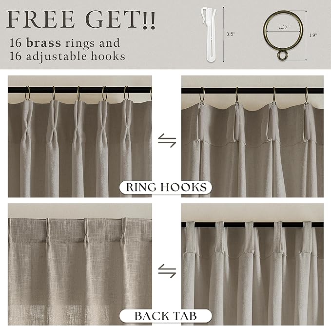 Taupe Brown Pinch Pleated Semi Sheer Linen Blend Drapes 112 Inches Long 50W | - Image 2