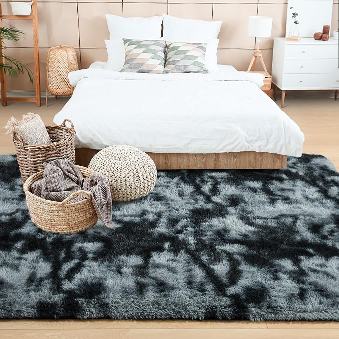 8x10 Extra Large Tie-Dyed Black and Grey Fluffy Area Rug Non-Slip - Image 3