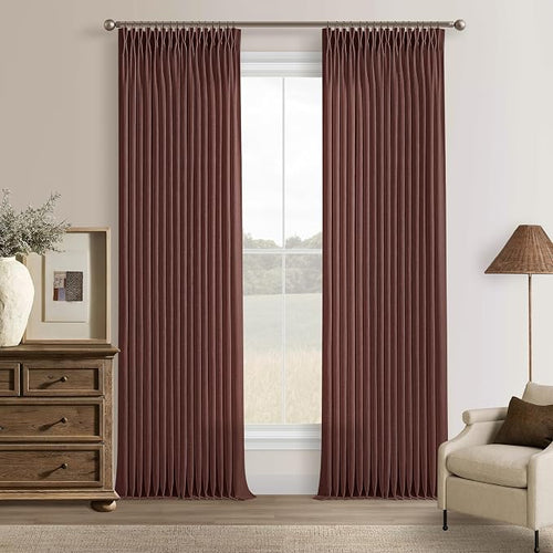 108 Inch Chestnut Brown Linen Pleated Light Filtering Curtains by Twodrapes