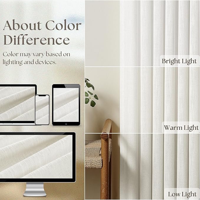 Beige White Pinch Pleated Linen Curtains 63 Inch Length 2 Panels | - Image 4