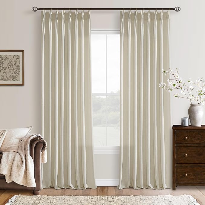 Linen Pleated Light Filtering Curtains Beige Tan 100 Inches Long | Light Tan by Twodrapes