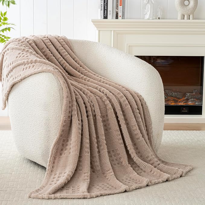 Waffle Brown Throw Blanket -Fluffy Fleece, Neutral Tan Color, Cute & Aesthetic - Image 7