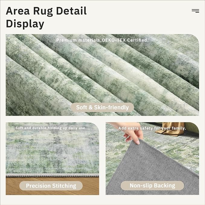 Soalmost Runner Rug 2'6"x8' Kitchen Hallway Runners Abstract Green/Ivory | - Image 6