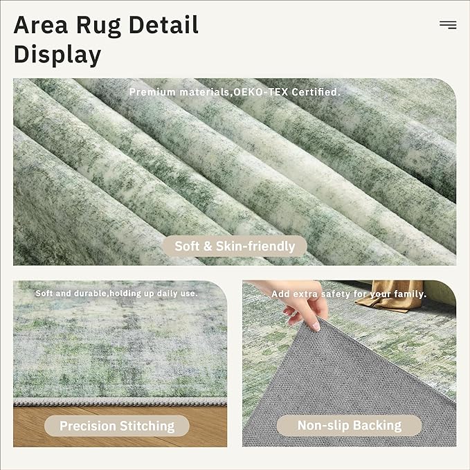 Soalmost 9x12 Area Rugs for Living Room Washable Rug Abstract Green/Ivory | - Image 6