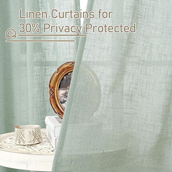 Short Linen Window Curtains 40 Inch Length 2 Panels, Light Sage | Semi Sheer - Image 5