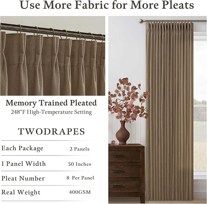 Brown Pinch Pleat Memory Shaped Linen Light Filtering Curtains 96 Inches | 96 - Image 2