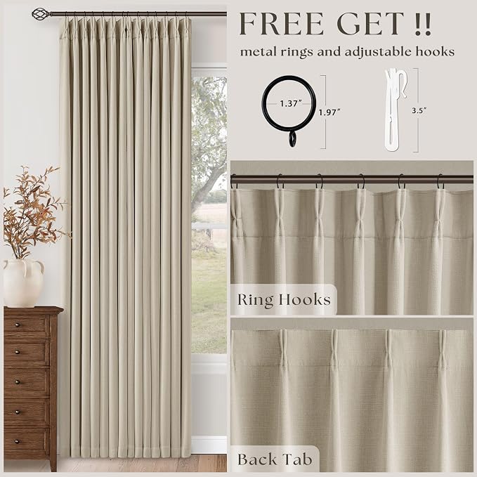 Oatmeal Pinch Pleated 100% Blackout Linen Curtains 100 Inch Length 2 Panel | - Image 4