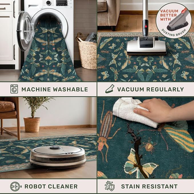 Washable Teal Round Rug 6ft, Non Slip Boho Carpet - Image 5