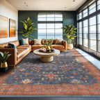 Navy Blue Large Area Rugs 8x12 Living Room, Geometric Floral Rugs by HazoHaus