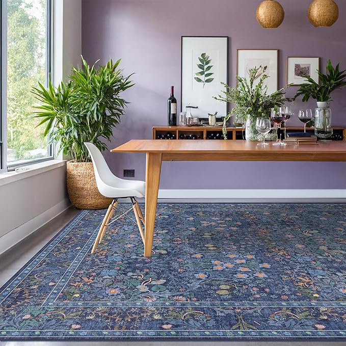 Vintage Dark Blue Living Room Rug, 7x10 Washable Large Area Rugs - Image 3