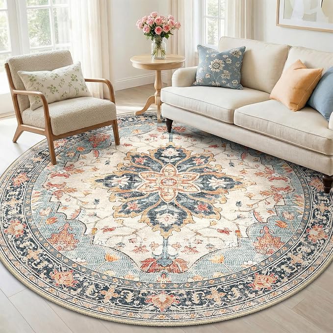 RELEANY Washable Area Rug, Round 6ft, Water Repellent, Pet Friendly, Vintage by RELEANY