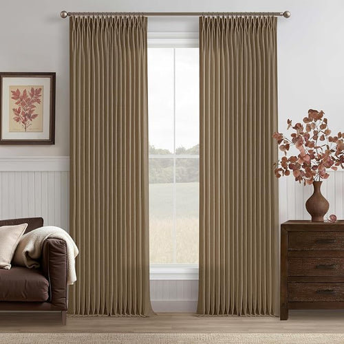 90 Inch Pinch Pleated Dark Brown Memory Shape Linen Semi Sheer Curtains 50W | by Twodrapes