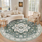 Round Area Rug for Living Room: 8ft Boho Washable Rug Green Ivory | Vintage by EXPEDIX