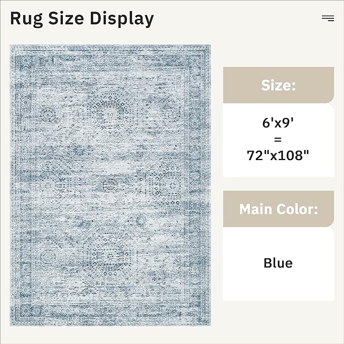 Soalmost 6x9 Area Rug for Living Room Washable Rugs Non-Slip Blue | Low-Pile - Image 3