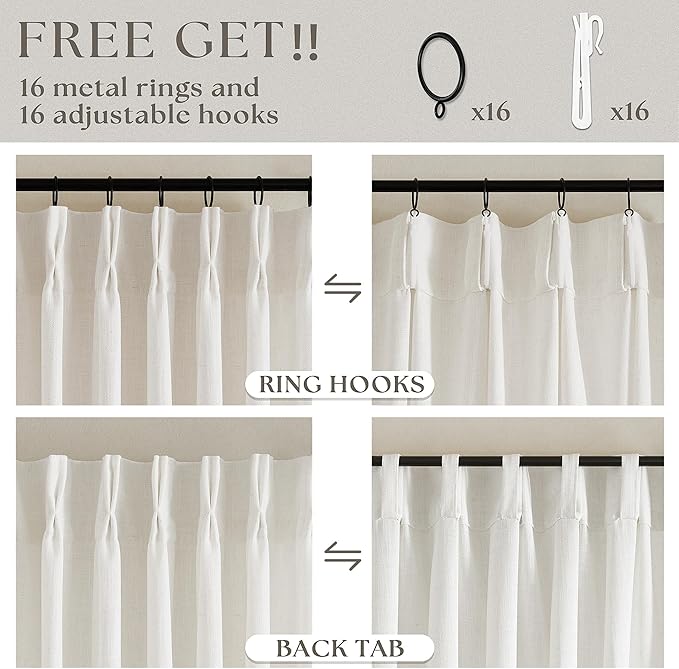 Natural Cream Linen Cafe Curtains 24 Inch Length Pinch Pleated 2 Panels Set | - Image 5