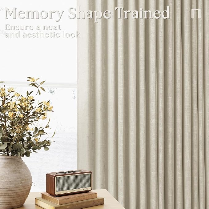 Beige Linen Pinch Pleated 98 Inch Linen Curtains 2 Panels | Memory Training - Image 2