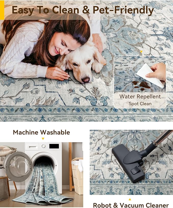 RELEANY Washable Area Rug, Water Repellent, Pet Friendly, Vintage Floral Boho - Image 5