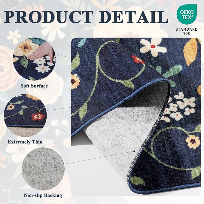 DUKINO 2.6x14 Washable Runner Rug, Floral Non Slip Runner Rug, Low Pile - Image 4
