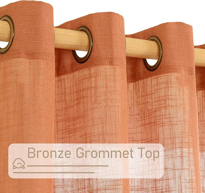 Burnt Orange Sheer Linen Curtains 80 inch Length, Light Filtering Linen Boho - Image 4
