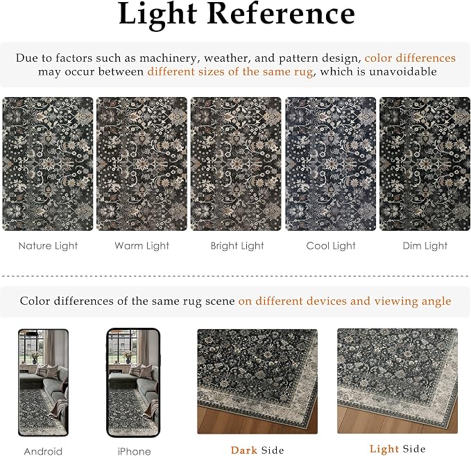 8x10 Black Beige Vintage Floral Washable Area Rug - Image 9