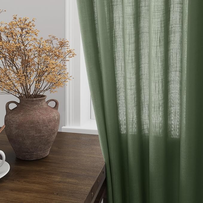 Extended Curtain Olive Green Linen Sheer Curtains - Image 7