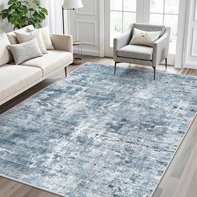 Soalmost Abstract Area Rug 6x9 for Living Room Washable Rugs Blue/Grey | - Image 2