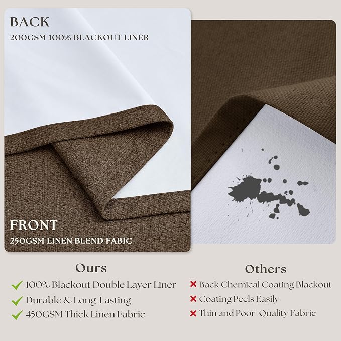 Thick Linen Pleated Brown Blackout Double Layer Curtains 90 Inches Long | Room - Image 6