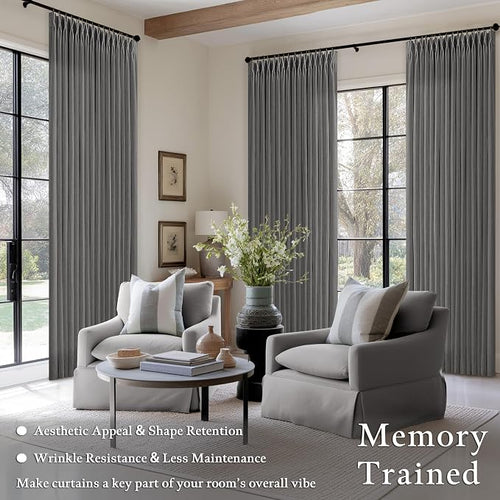 90 Inch Charcoal Gray Pleated Linen Light Filtering Memory Trained Curtains | - Image 2