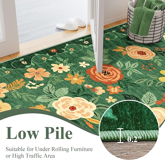 DUKINO 2x4 Entryway Rug, Floral Washable Kitchen Rugs Non Slip, Dark Green | - Image 8