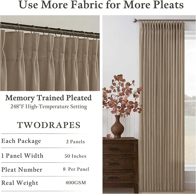 Thick Linen Pinch Pleat Dark Brown Semi Sheer Privacy Curtains 63 Inch Long | - Image 4