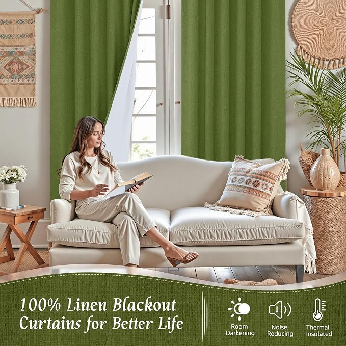 Sage Green 100% Blackout Linen Curtains 84 Inch - Image 2