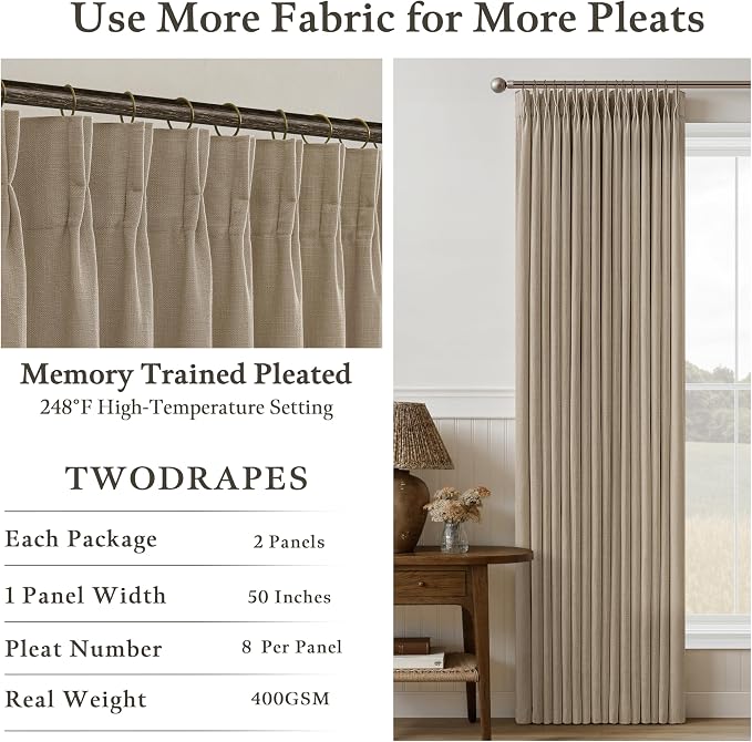 Linen Grey Beige Camel Pleated Light Filtering Curtains 120 Inch Long 50W | - Image 5